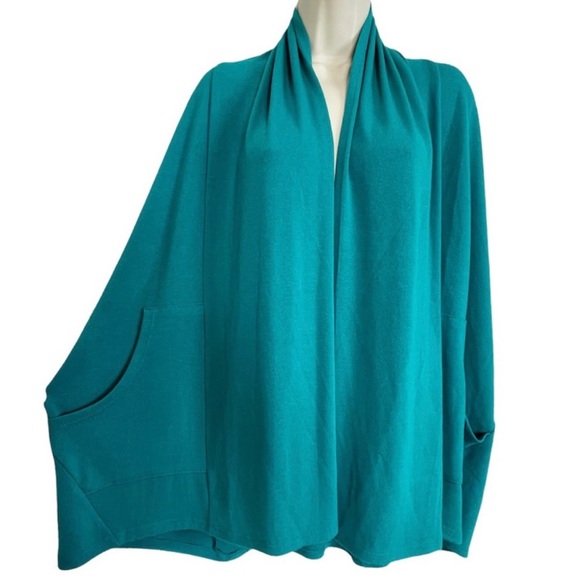 Karen Kane Long Sleeve Open-Front Draped Teal Cardigan Sweater - Picture 4 of 8